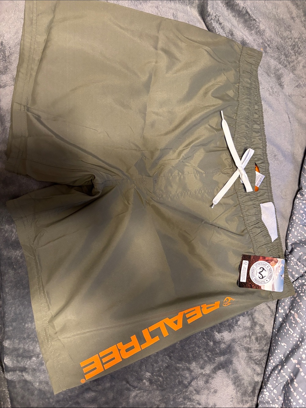 Realtree Olive Green Shorts with Orange Logo Tag, Men’s Swim shorts